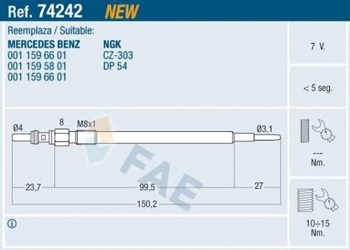 Kızdırma Bujısı Mercedes Om640 Om642 Om651 W176 W204 W205 C218 W211 W212 W164 W221 W639 W447 B906 FAE 74242
