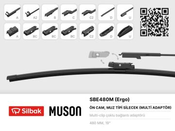 Silecek Süpürgesi Muz Tipi 480Mm A. Bc.C2.D Ve U Tipi Kollar Icın Multi Adaptorlü SILBAK SBE480M