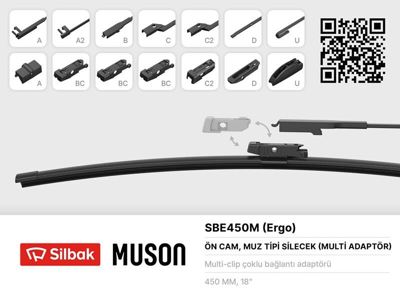 Silecek Süpürgesi Muz Tipi 450Mm A. Bc.C2.D Ve U Tipi Kollar Icın Multi Adaptorlü SILBAK SBE450M
