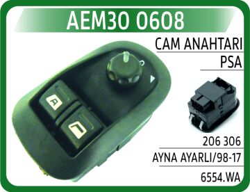 Cam Açma Anahtarı Sol Peugeot 206-Partner 98-07 Çiftli-Çerçeveli - Ayna Ayarlı AEM30 0608