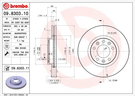 Ön Fren Aynası 407 1.6Hdı 1.8-2.016V-2.0Hdı 04 > 607 2.0 00 > 508 10 > 283X26x5dlxhavalı BREMBO 09830310