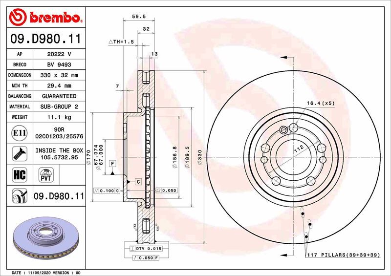 Fren Dıskı On Mercedes Gle-Class V167 18>23 BREMBO 09D98011
