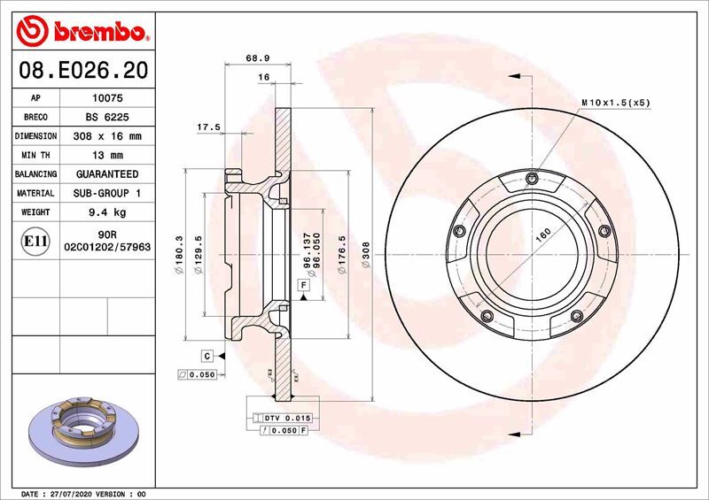 Arka Fren Dısk Aynası Transıt Custom V362 12> Abs Lı O.Ceker Cap 308 16 BREMBO 08E02620