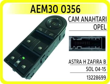 Cam Açma Kapama Anahtarı Sol Astra H-Zafira B Dörtlü Çerçeveli Dikiz Ayna Kont. AEM30 0356