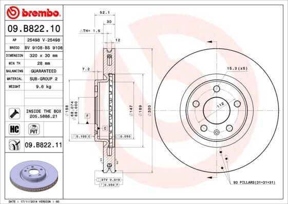 Ön Fren Aynası A4-A5-A6-A7-Q5 320X30x28xhavalı BREMBO 09B82211