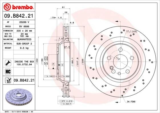 Fren Dıskı Arka Mercedes S-Class W220 S 55 Amg 02>05 BREMBO 09B84221