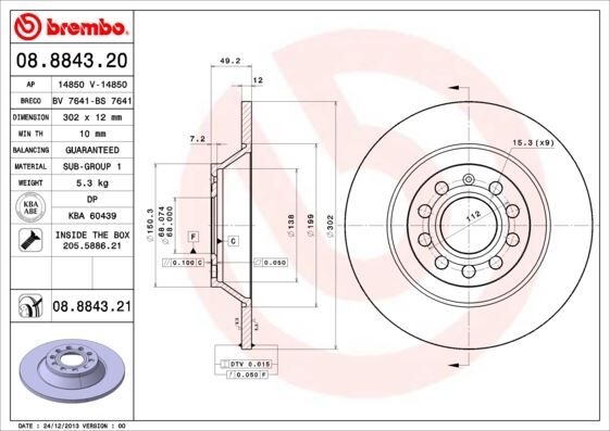 Arka Fren Aynası Audı A6 4B.C5 3.0 Quattro 07/04 > A6 4F2 2.0 Tdı 07/04 > 302X11.7X9dl 986479257-Df4434 BREMBO 08884321