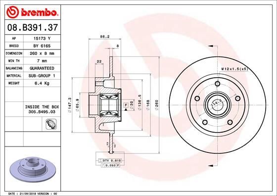 Arka Fren Diski Renault Megane Iv 15> Dış Cap: 260 Mm K:86 Mm 5 Delik BREMBO 08B39137