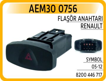 Dörtlü Flaşer Anahtarı Renault Clıo Iıı 05>12 Symbol Iı 08> Dacıa Logan 06> Sandero 08> Duster 10> 8 Pin AEM30 0756