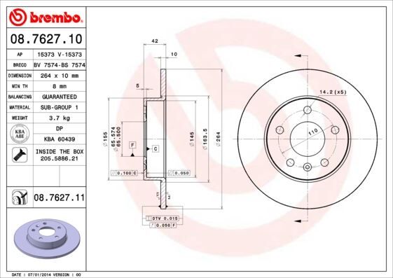 Arka Fren Aynası Astra H-Combo C 02> Merıva A-B 03> Astra G 1.8-2.0 98> Zafıra A 264X10x5dl BREMBO 08762710