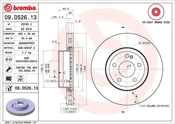 Fren Dıskı On Mercedes W205 S205 C205 A205 W213 S213 C238 BREMBO 09D52613