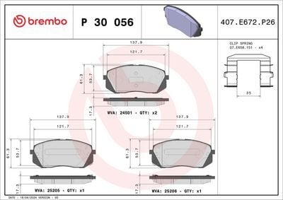 Ön Fren Balata Hyundaı Ix35 2.0L D4ha Crdı Dizel 136Hp 10-15 / Kıa Sportage 2.0L D4ea D4ha Dizel 06-15 Şimli BREMBO P30056