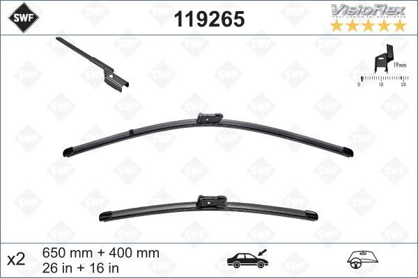 Ön Silecek Süpürge Takımı Opel Adam 12>19 Peugeot Partner 08> P208 P2008 03 12>19 Cıtroen Berlıngo 0 8> C3 16> Fıat Egea 16> Fıesta 09>17 650 400 Swf Visioflex Flat Blade X2 650 400 Mm VALEO 119265