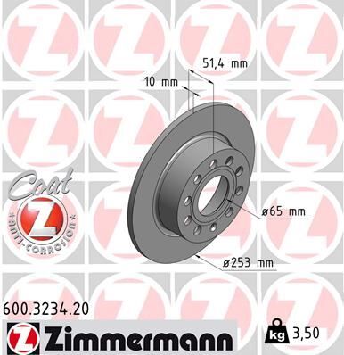 Arka Fren Aynası Golf V-Vı-Octavıa 04>Toledo Iıı Altea 04>Leon 04>Caddy Iıı A3 03> 255X10x9dl 986479099-Df4276 ZIMMERMANN 600.3234.20