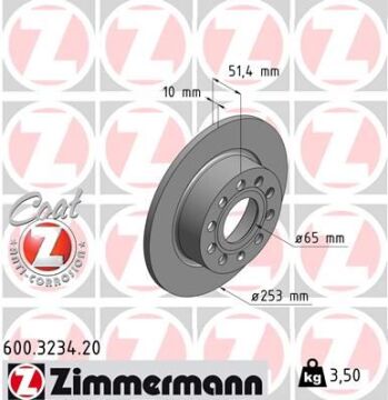 Arka Fren Aynası Golf V-Vı-Octavıa 04>Toledo Iıı Altea 04>Leon 04>Caddy Iıı A3 03> 255X10x9dl 986479099-Df4276 ZIMMERMANN 600.3234.20