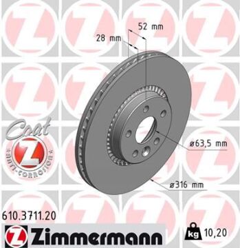 Fren Diski Ön Ford Mondeo/Galaxy-Volvo S60/S80/V60/V70-Land Rover Freelander 2 07> Çap: 316Mm. Kalı Nlık: 28Mm ZIMMERMANN 610.3711.20