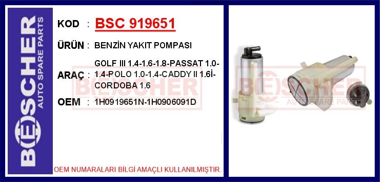 Benzin Yakıt Pompası Golf Iıı 1.4-1.6-1.8-Passat 1.0-1.4-Polo 1.0-1.4-Caddy Iı 1.6İ-Cordoba 1.6 BSC 919651