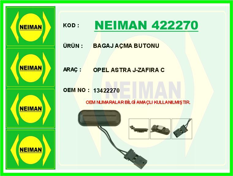 Bagaj Açma Butonu Düğme-Swici Opel Astra J 10>15-Zafıra C 10>18 NEIMAN 422270