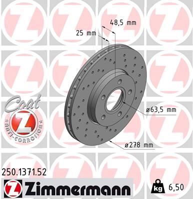 On Fren Aynası Dısk Focus Iıı 11> Focus Iı 04>11 Cmax 03>07 Volvo C30 06>12 C70 Iı 06>13 S40 Iı 04>12 V50 05>12 278X25x5dlxhvlı ZIMMERMANN 250.1371.52