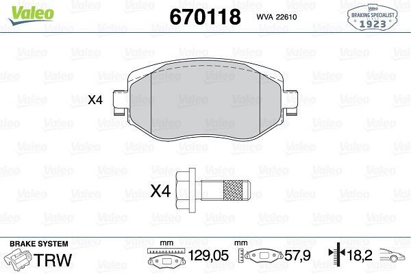 Ön Fren Balatası Renault Megane Iv 15> Tüm Motor Tipleri G:129Mm Y:58.4 Mm K:18Mm VALEO 670118