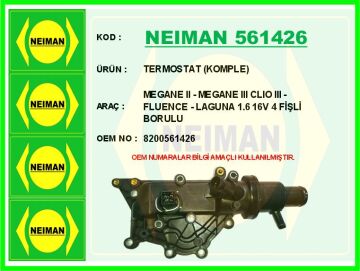 Termostat 89 C Komple / Müşürlü Tahliye Çıkışlı Renault Clıo Iı 00>08 Laguna Iı 01>07 Symbol Iı 08>13 1.4 16V K4j 1.6 K4m NEIMAN 561426