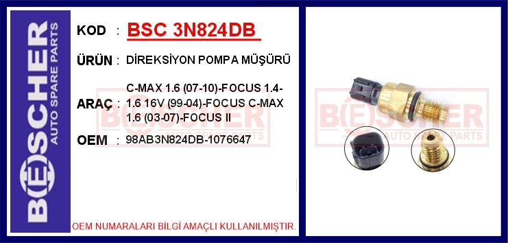 Direksiyon Pompa Basınç Müşürü Ford Focus 98> Kalın Diş: 12X1.75 BSC 3N824DB