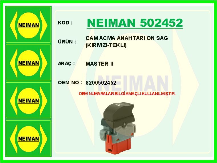 Cam Acma Anahtarı On Sag Kırmızı-Teklı Master Iı NEIMAN 502452