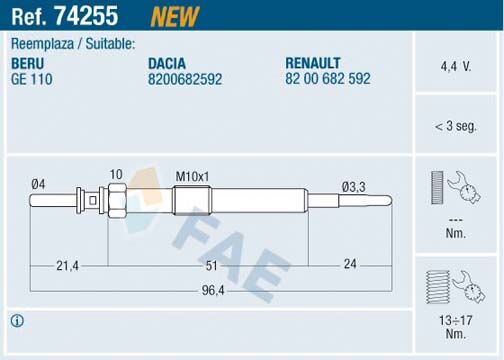 Kızdırma Bujisi Renault Megane Iıı 09> Fluence 09> Clıo Iv 12> Dacıa Duster 10> Mercedes Om607 W176 W246 C117 X156 W415. Nıssan Juke 10> Qashqaı 06>13 1.5Dci K9k FAE 74255