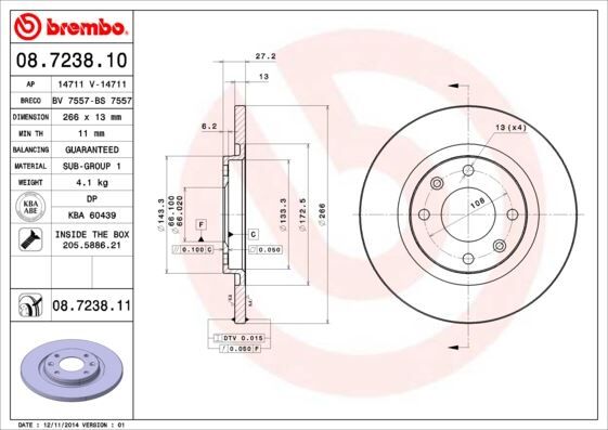 Ön Fren Aynası C2 1.4 1.4 Hdi 03 >C3 1.4 1.4Hdı 02 > Partner-Berlıngo 1.4 1.9 D 2.0Hdı 266X13x4dl BREMBO 08723810