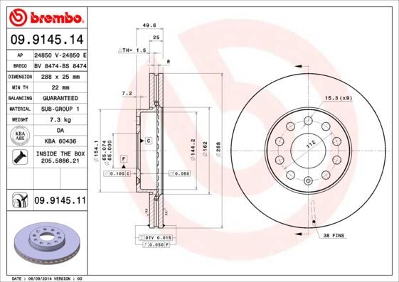Fren Diski Ön Vw Caddy-Passat-Golf 5/6/7- Skoda Octavıa Ford Connect 23> Çap: 288Mm. Kalınlık: 25Mm Delik: 9 BREMBO 09914511