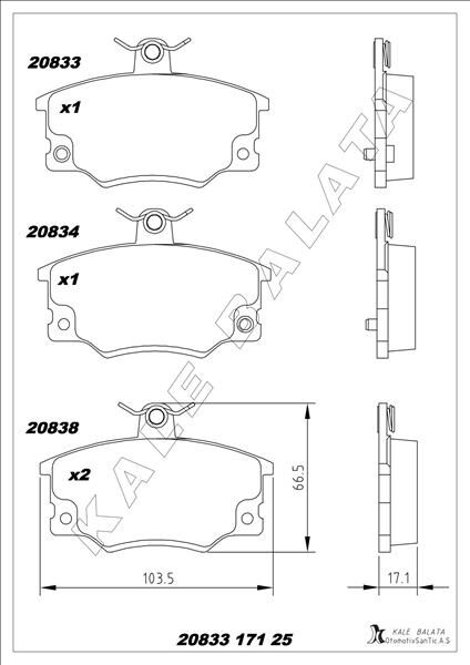Ön Fren Balatası Fıat Tempra-Tipo-Uno-Punto Alfa Romeo 33-145-146-155 KALE 20833 171 25 ANS KD13